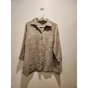 NWOT FLAX Brown 100% Linen Button Front Shirt Top Size S Made in Lithuania